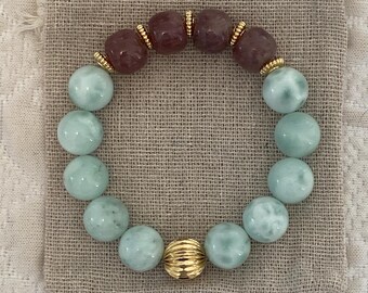 Green Moonstone and Madagascar Rose Quartz Bracelet
