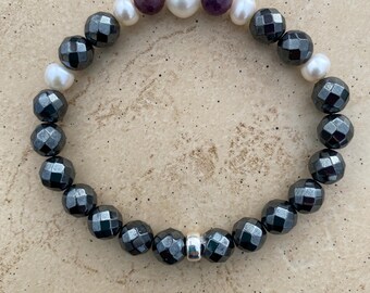 Hematite, Pearl and Ruby Bracelet