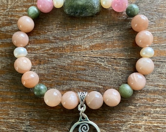Clare Celtic Bracelet - Connemara marble from Kilkenny, Ireland, Madagascar Rose Quartz, Freshwater Pearl, Peach Moonstone