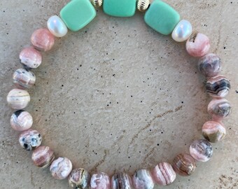 Variscite, Rhodochrosite and Pearl Bracelet