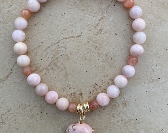 This Little Piggy Bracelet - Pink Opal, Sunstone and Enamel Piggy Charm