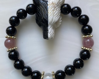 Quiet Strength Wolf - Onyx, Howlite. Madagascar Rose Quartz, Quartz Crystal