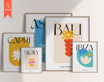 Reisposter set van 5, wanddecoratie voor een fotowand, printbare muurdecoratie, kleurrijke reisposter, maximalistische muurdecoratie, Bali, Aspen, Ibiza, Capri, Sicilië