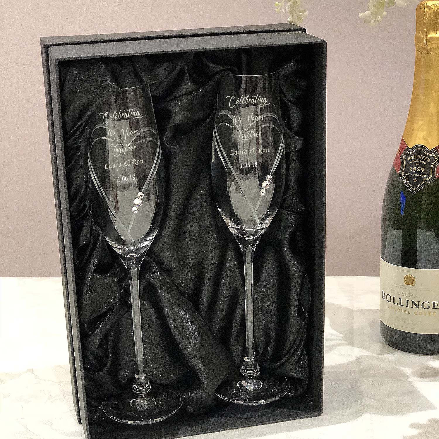 Diamante Champagne Flutes with Heart Shaped Cutting Featuring Swarovs…