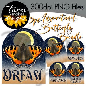 Inspirational Butterfly Bundle, Sublimation PNG Files, Small Tortoiseshell Butterfly, Digital Clipart, Printable