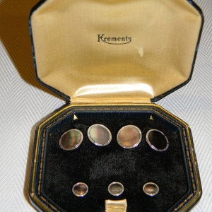 Krementz Art Deco Dark Mother of Pearl Gold Filled Cufflinks & 3 Stud Dress Tuxedo Set image 1