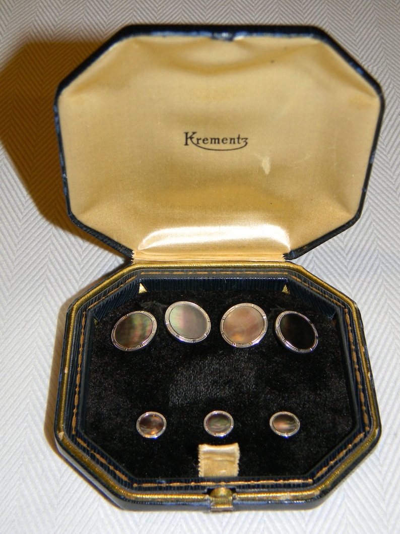 Krementz Art Deco Dark Mother of Pearl Gold Filled Cufflinks & 3 Stud Dress Tuxedo Set image 1