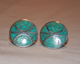 Vintage modernist sterling silver turquoise mosaic / inlay cufflinks