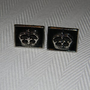 Vintage Silver Tone Crown on Black Enamel Cufflinks By Swank