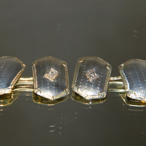 Edwardian Art Deco Platinum 14K Yellow Gold Borders and Bezel Set Diamond Cufflinks