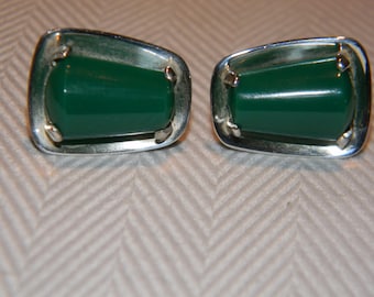 Vintage Sterling Silver Green Onyx Modernist Cufflinks