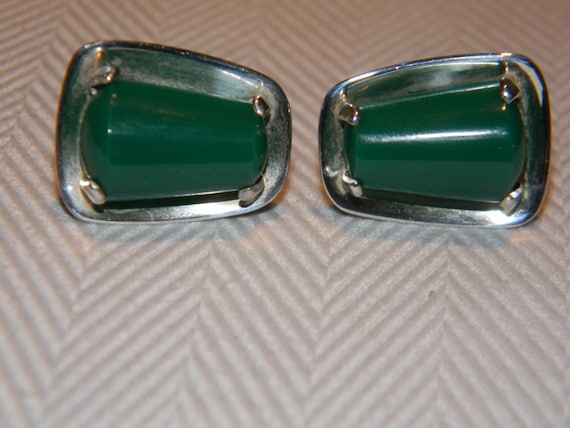 Vintage Sterling Silver Green Onyx Modernist Cuff… - image 1