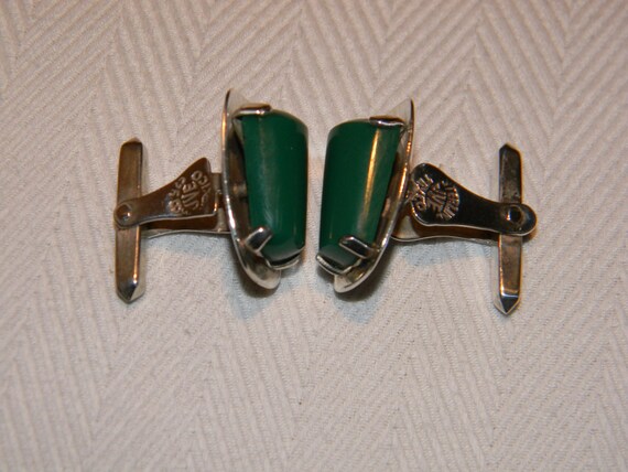 Vintage Sterling Silver Green Onyx Modernist Cuff… - image 3