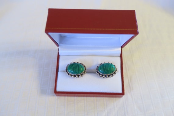 Vintage Mid Century Sterling Malachite Cufflinks - image 1