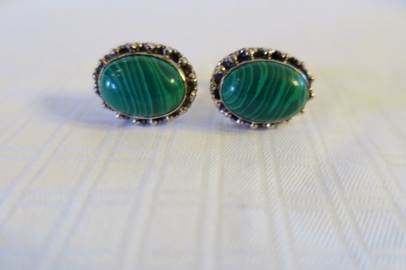 Vintage Mid Century Sterling Malachite Cufflinks - image 2