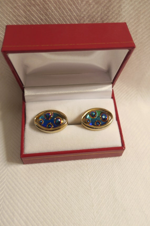 Vintage Oval Gold Tone Rainbow Glass Cufflinks