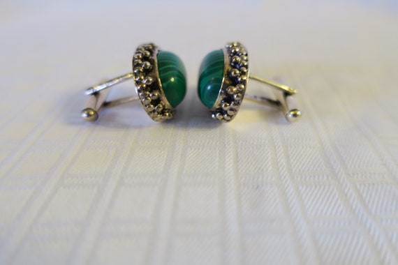 Vintage Mid Century Sterling Malachite Cufflinks - image 3