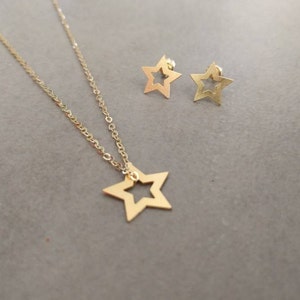 Gold Star Necklace, Star Necklace, Gold Star Jewelry Set, Earrings, Pendant Necklace, Stud Earrings, Star Stud, Bat Mitzva Gift, Girls Gift