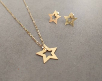 Gold Star Necklace, Star Necklace, Gold Star Jewelry Set, Earrings, Pendant Necklace, Stud Earrings, Star Stud, Bat Mitzva Gift, Girls Gift