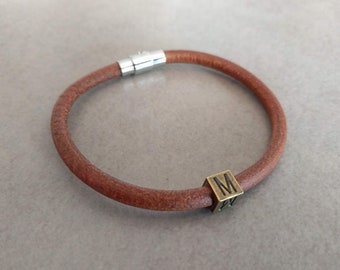 Men Leather Bracelet, Initial Mens Bracelet, Personalized Leather Bracelet, Brown Leather Bracelet, Boyfriend Gift, Bracelets For Men