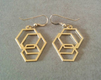 Gold Geometric Earrings, Hexagon Earrings, Geometric Earrings, Gold Dangle Earrings, Geometric Jewelry, Gold Hexagon Earrings, Gold Earrings