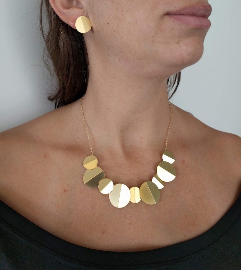 Gold Bib Necklace, Origami Circle Necklace, Gold Disc Necklace, Statement Necklace, Circle Charm Necklace, Disc Necklace, Bib Necklace image 6