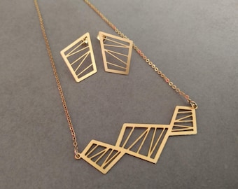 Gold Jewelry Set, Gold Necklace, Geometric necklace, Gold Earrings, Jewelry Set, Geometric Earrings, Triangle Necklace, Gold Stud Earrings