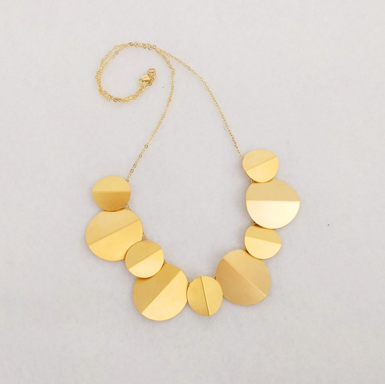 Gold Bib Necklace, Origami Circle Necklace, Gold Disc Necklace, Statement Necklace, Circle Charm Necklace, Disc Necklace, Bib Necklace image 1