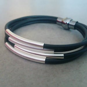 Black leather bracelet, Leather Bracelet, Women Leather Bracelet , Leather and Silver Bracelet, Tube leather bracelet, Black Cord Bracelet
