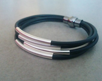 Schwarzes Lederarmband, Lederarmband, Frauen Lederarmband, Leder und Silber Armband, Tube Lederarmband, Black Cord Armband