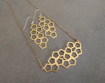 Gold Geometric Necklace, Gold Necklace & Earrings, Geometric Jewelry, Necklace, Dangle earrings, Honeycomb Earrings, Honeycomb Necklace