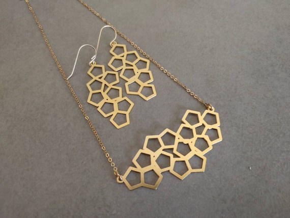 Gold Geometric Necklace, Gold Necklace & Earrings, Geometric Jewelry, Necklace, Dangle earrings, Honeycomb Earrings, Honeycomb Necklace