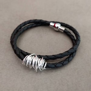 Leather Bracelet, womens leather bracelet , Leather Silver Bracelet, Black leather bracelet, Woven leather bracelet, Leather Cord Bracelet