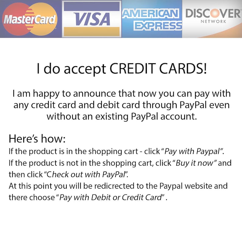 Pu&ograve; includere: Un'immagine di testo con le parole "Accetto CARTA DI CREDITO!" e una spiegazione su come pagare con una carta di credito o di debito tramite PayPal. L'immagine include anche i loghi di Mastercard, Visa, American Express e Discover.