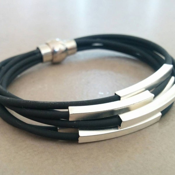 Leather Bracelet, womens leather bracelet , Leather Silver Bracelet, Black leather bracelet, Beige leather bracelet, Silver Tube Bracelet