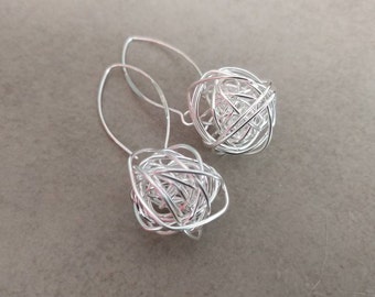 Silver Wire Earrings, Silver Earrings, Sterling Silver, Dangle Earrings, Silver Long Earrings, Silver Jewelry, Wire Ball Earrings, Tangled