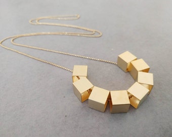 Gold Geometric Necklace, Square Cubes Necklace, Long Gold Necklace, Brass Necklace, Simple Dainty Everyday Jewelry, Long Geometric Necklace