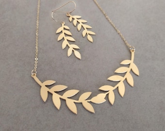 Gold Jewelry Set, Bridal Jewelry Set, Gold Bracelet, Gold Earrings, Jewelry Set, Jewelry, Leaf Earrings, Leaf Necklace, Gold Jewellery Set