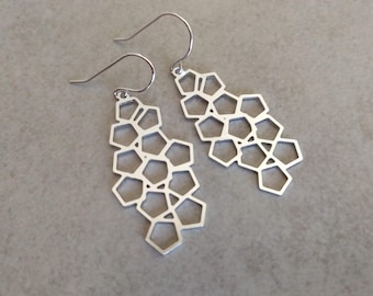 Pendientes geométricos de plata, plata de ley, pendientes colgantes, pendientes de panal, pendientes sencillos, joyas de plata, pendientes largos