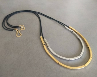 Black Necklace, Gold Silver Tube Necklace, Leather Jewelry, Black String Necklace, Long Necklace, Leather Necklace With Gold & Silver Tubes