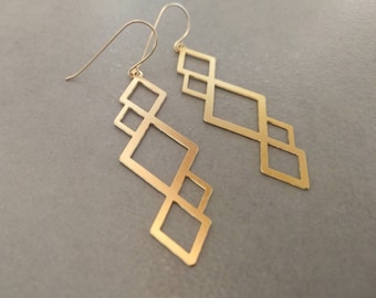 Geometric Earrings, Dangle Earrings, Gold Earrings, Square Earrings, Triangle Earrings, Gold Geometric, Mothers Day Gift, Gift For Her