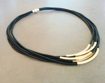 Leather Necklace, Gold Necklace, Leather Jewelry, Leather Cord Necklace, Women Necklace, Statement Necklace, Black Necklace