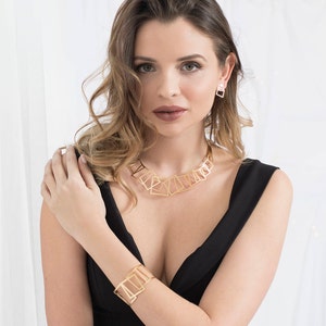Gold Jewelry Set, Gold Necklace, Geometric necklace, Gold Earrings, Bib Necklace, Geometric Earrings, Bridal Necklace, Geometric Bracelet