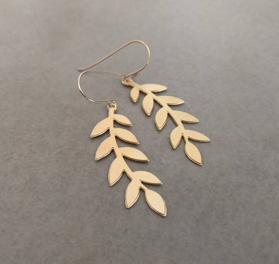 Gold Leaf Earrings, Bridal Earrings, Gold Earrings, Dangle Earrings, Leaf Jewelry, Gift For Her, Bridesmaid Gift, Laurel Branch Earrings
