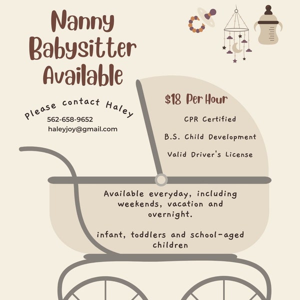 Babysitting Nanny Child Care Services Flyer Digital Card Editable Template PDF