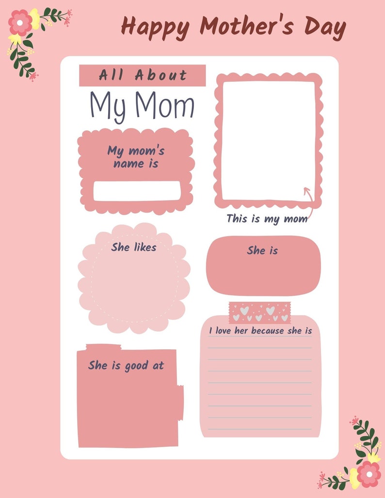 Mother's Day Card Kids Activity Coloring Craft PDF Page Digital Cards ...