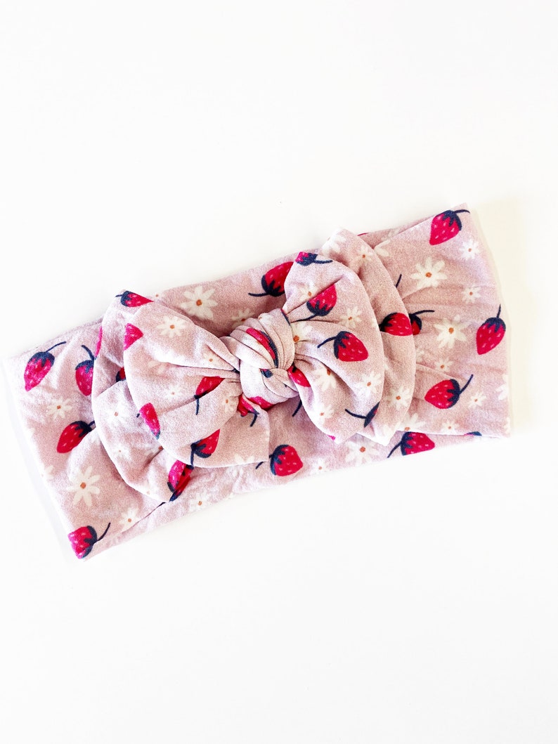 daisies headband strawberry hair bow strawberry headband baby bow strawberry headwrap Double Bow Strawberries And Daises Nylon Headband