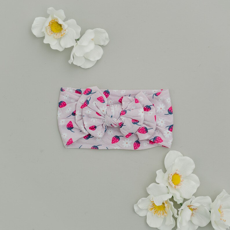 daisies headband strawberry hair bow strawberry headband baby bow strawberry headwrap Double Bow Strawberries And Daises Nylon Headband