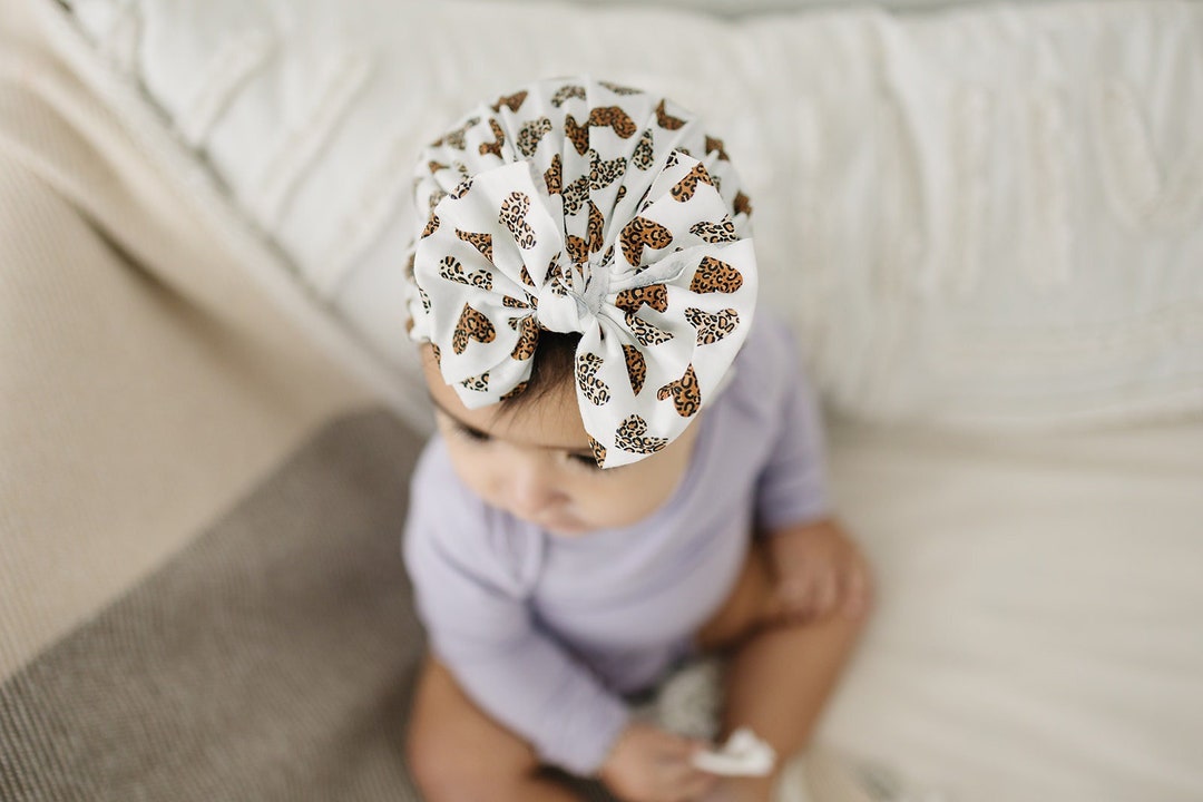 Leopard Heart Messy Bow Baby Turban, Baby Turban, Wide Baby Headband