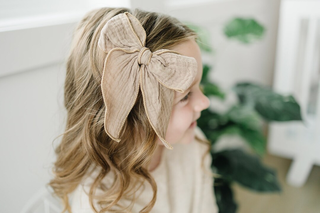 Large Gauze Linen Hair Bows, Fall Hair Bow, Solid Hair Bow, Girls Hair